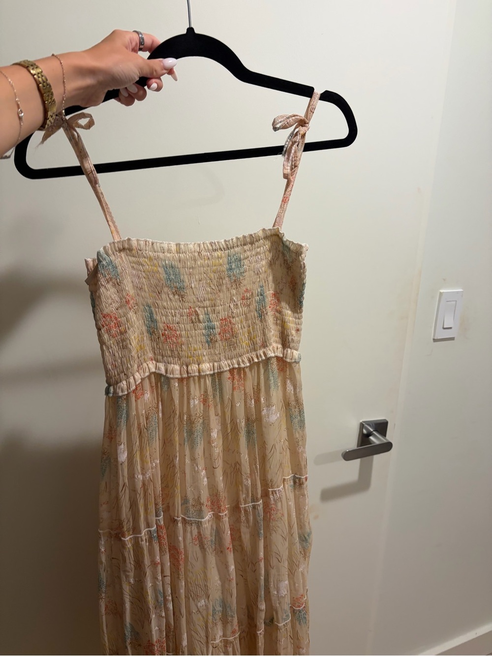 Smocked Tie-Strap Maxi Dress in Soft Peach Floral